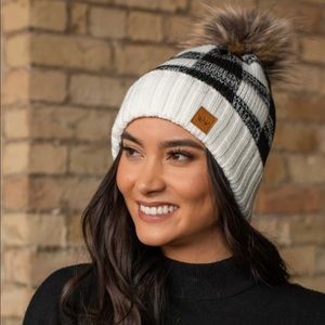 Panache B&W Buffalo Plaid Hat with Pom Detail